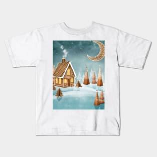 Gingerbread house moon and trees watercolor illustration. Fantasy candy world Christmas decorations. Snow hills. Magic winter forest Kids T-Shirt